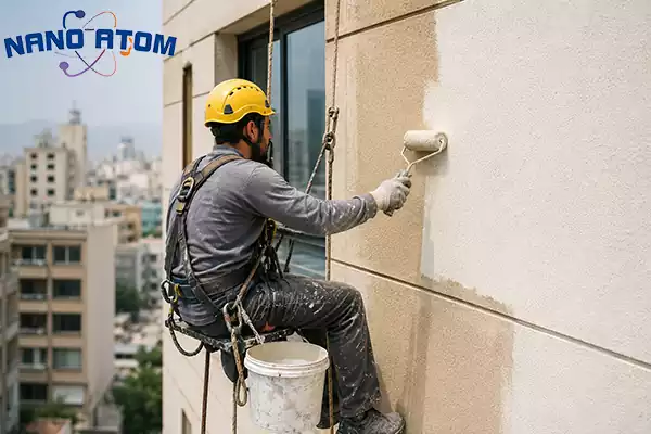 رنگ آمیزی نمای ساختمان در تهران با طناب و اجرای رنگ ضد آب نما