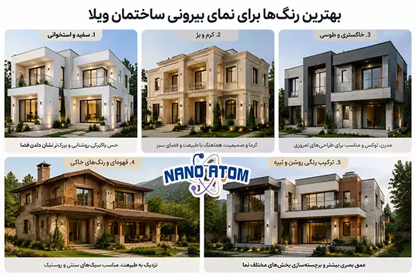 مقایسه بهترین رنگ‌های نمای ساختمان ویلایی شامل سفید، کرم، طوسی و قهوه‌ای برای سبک‌های مختلف معماری