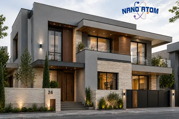 ترکیب رنگ طوسی نمای ساختمان با چوب و شیشه